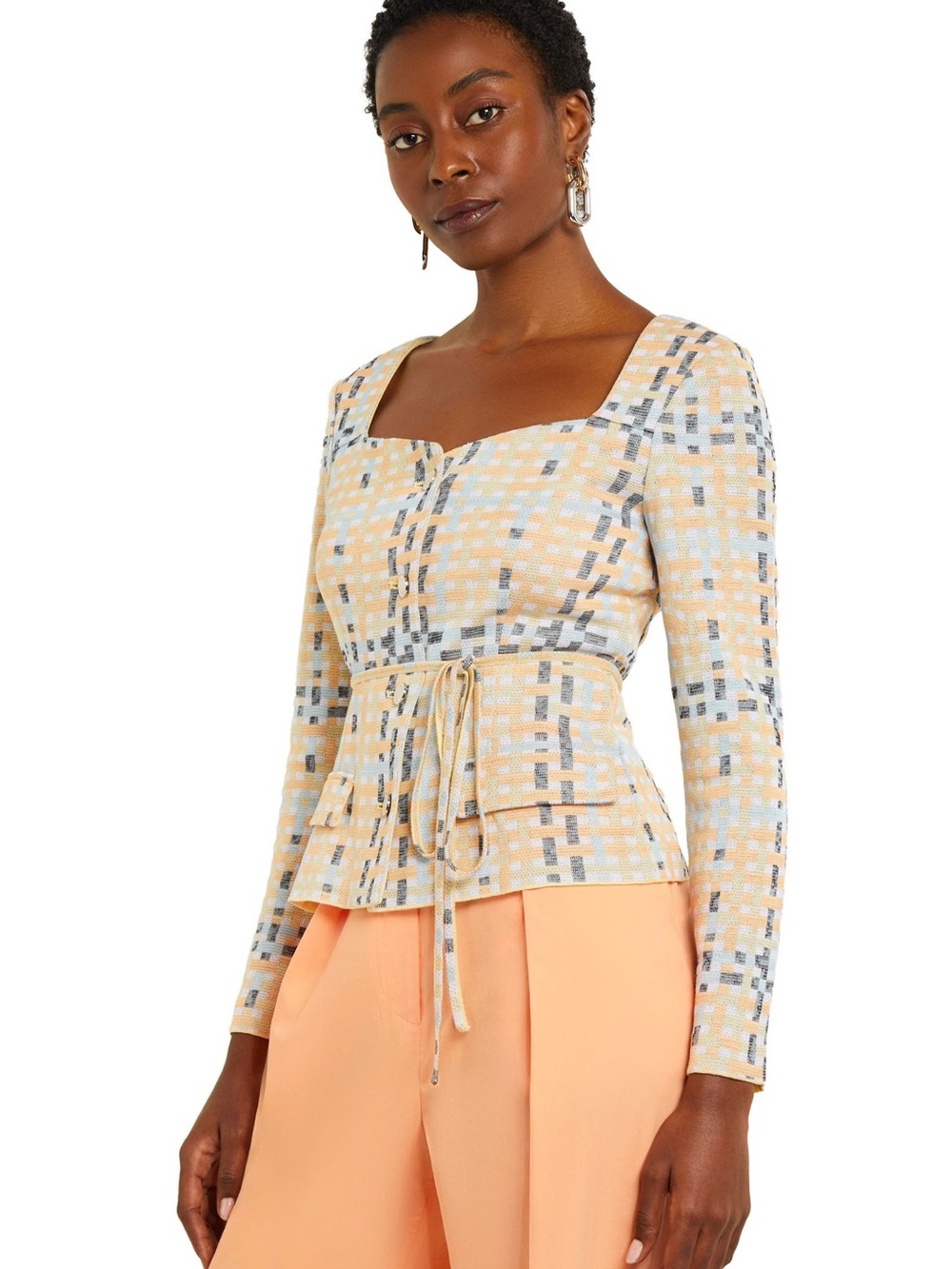 Misook Jacquard Knit Jacket in Peach Plaid
